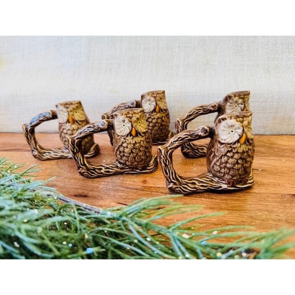 5- Vintage Owl Napkin Ring Holder Sitting on Tree Branch MCM Autumn Cottage core